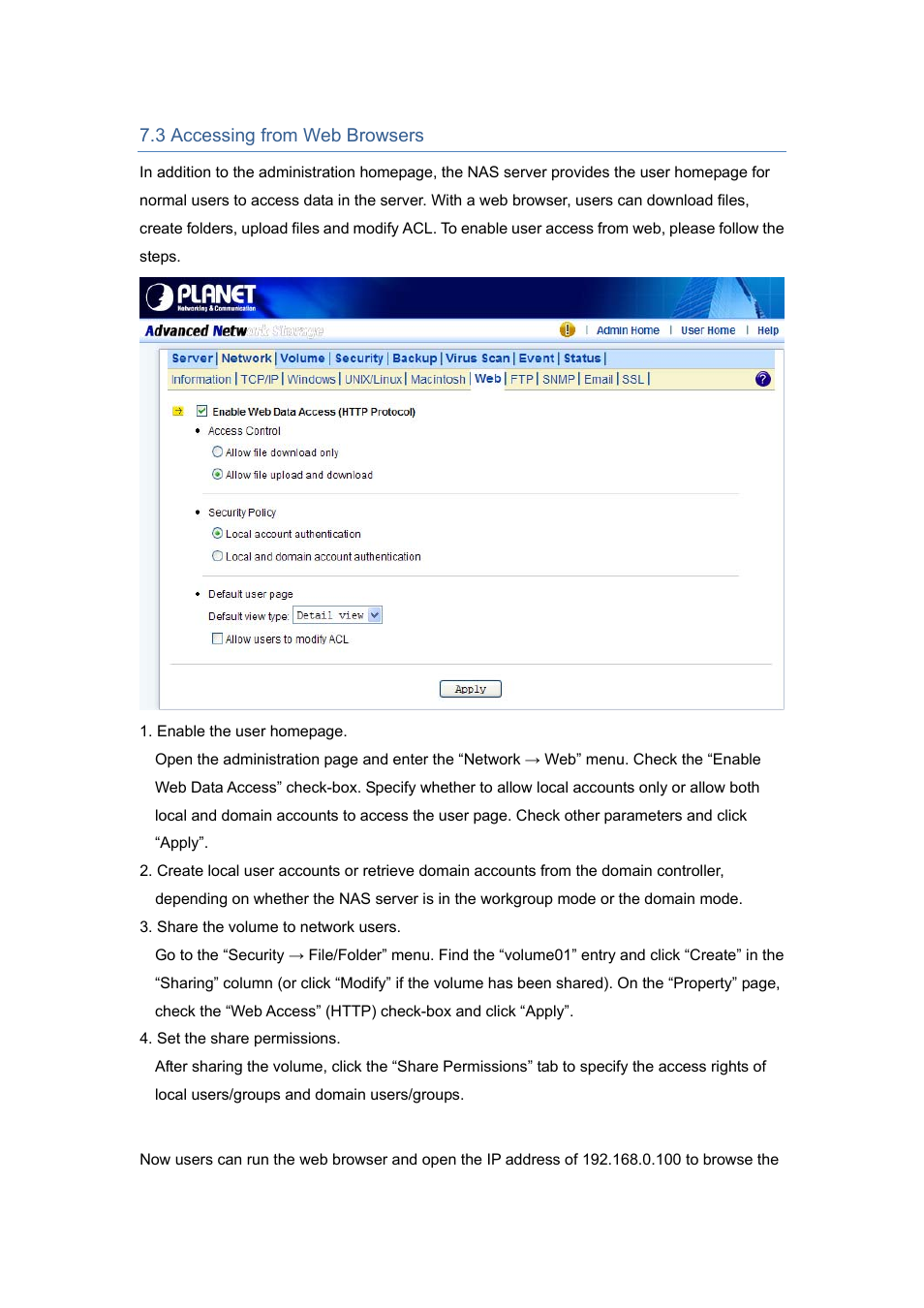 3 accessing from web browsers | PLANET NAS-7450 User Manual | Page 65 / 111