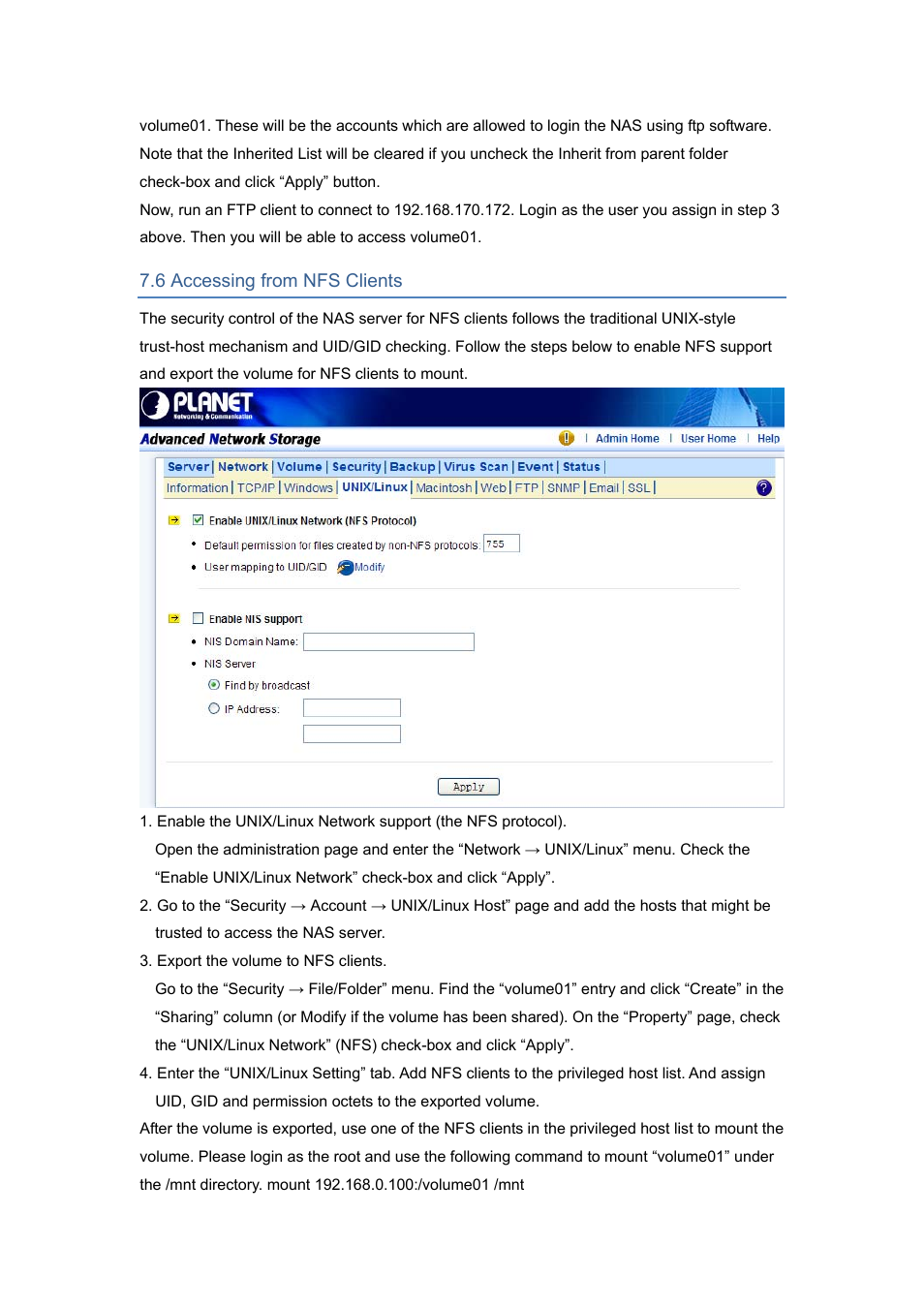 6 accessing from nfs clients | PLANET NAS-7450 User Manual | Page 69 / 111