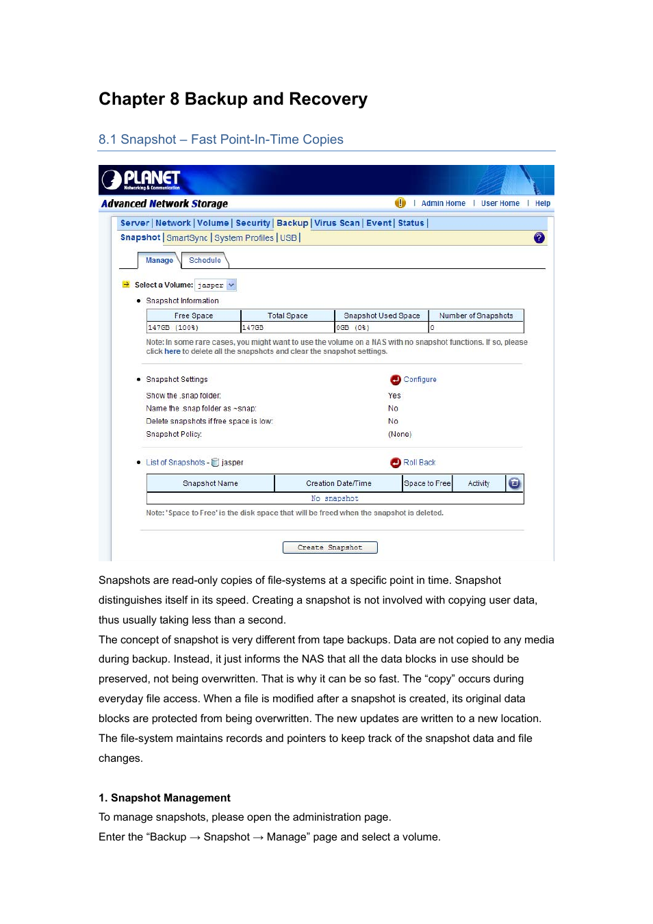 Chapter 8 backup and recovery, 1 snapshot – fast point-in-time copies | PLANET NAS-7450 User Manual | Page 71 / 111