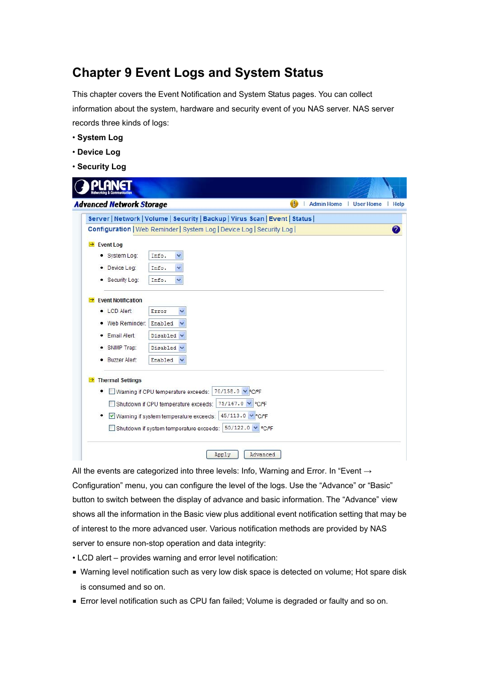 Chapter 9 event logs and system status | PLANET NAS-7450 User Manual | Page 82 / 111