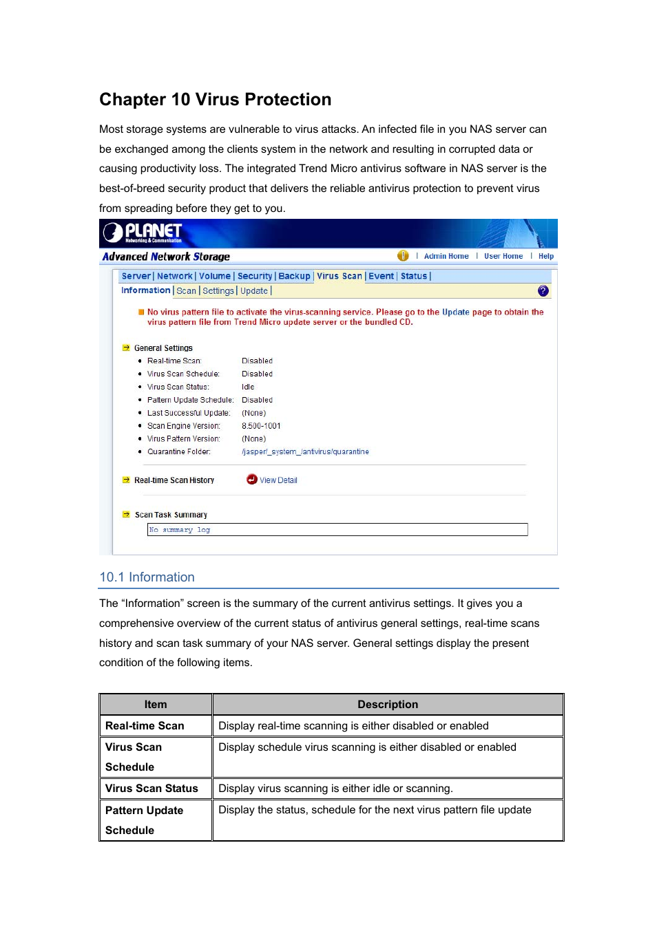 Chapter 10 virus protection, 1 information | PLANET NAS-7450 User Manual | Page 87 / 111