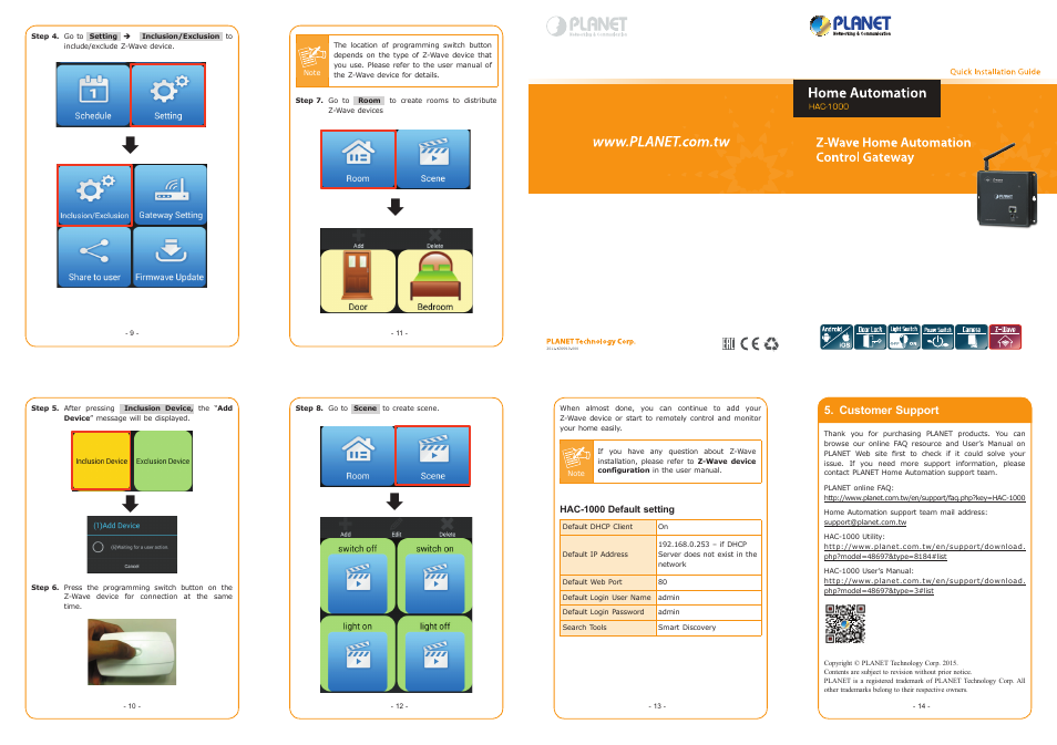 Customer support, Hac-1000 default setting | PLANET HAC-1000 User Manual | Page 16 / 16
