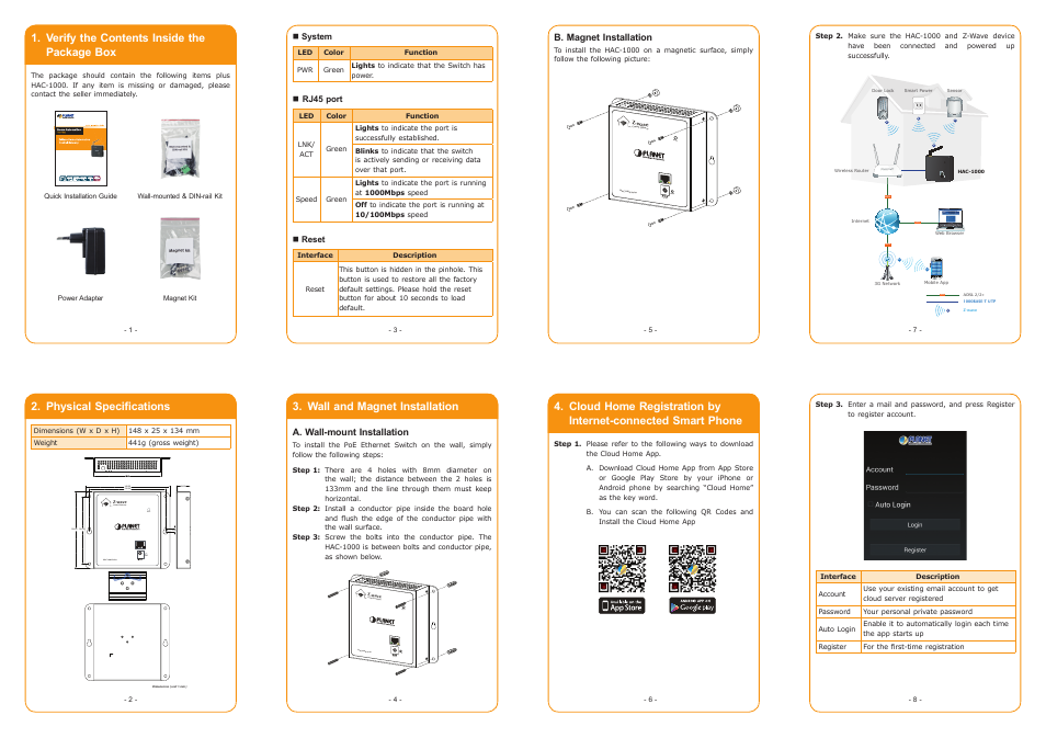 Verify the contents inside the package box, Physical specifications, Wall and magnet installation | B. magnet installation, A. wall-mount installation, System, Rj45 port, Reset | PLANET HAC-1000 User Manual | Page 9 / 16