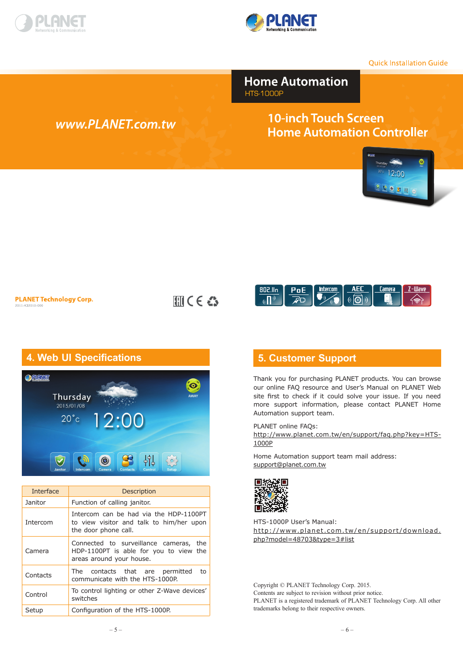 Web ui specifications, Customer support | PLANET HTS-1000P User Manual | Page 2 / 2