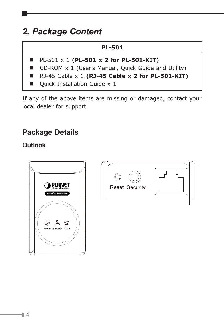 Package content | PLANET PL-501 User Manual | Page 4 / 8