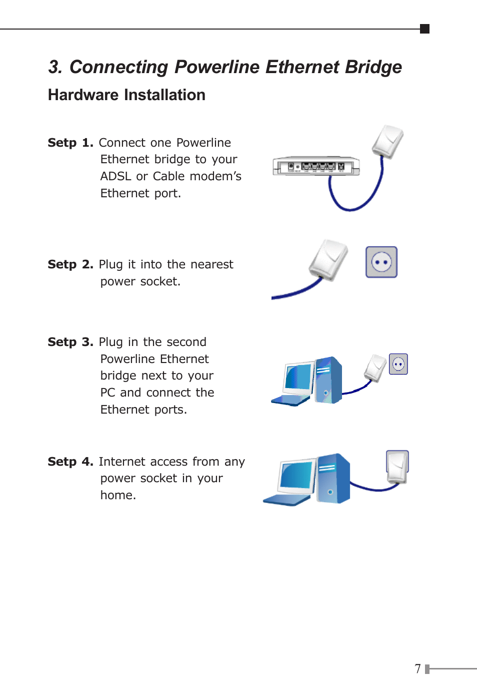 Connecting powerline ethernet bridge, Hardware installation | PLANET PL-501 User Manual | Page 7 / 8