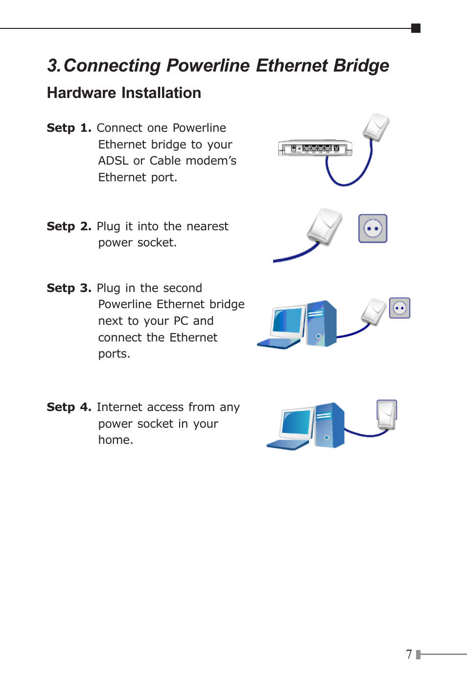 Connecting powerline ethernet bridge, Hardware installation | PLANET PL-701 User Manual | Page 7 / 8