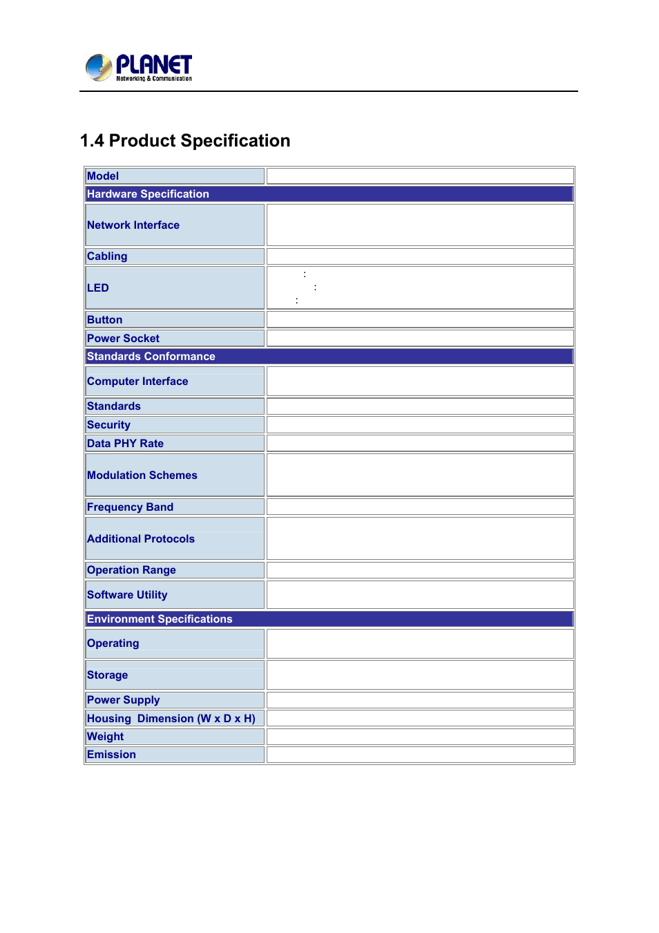 4 product specification, Roduct, Pecification | PLANET PL-751 User Manual | Page 10 / 28