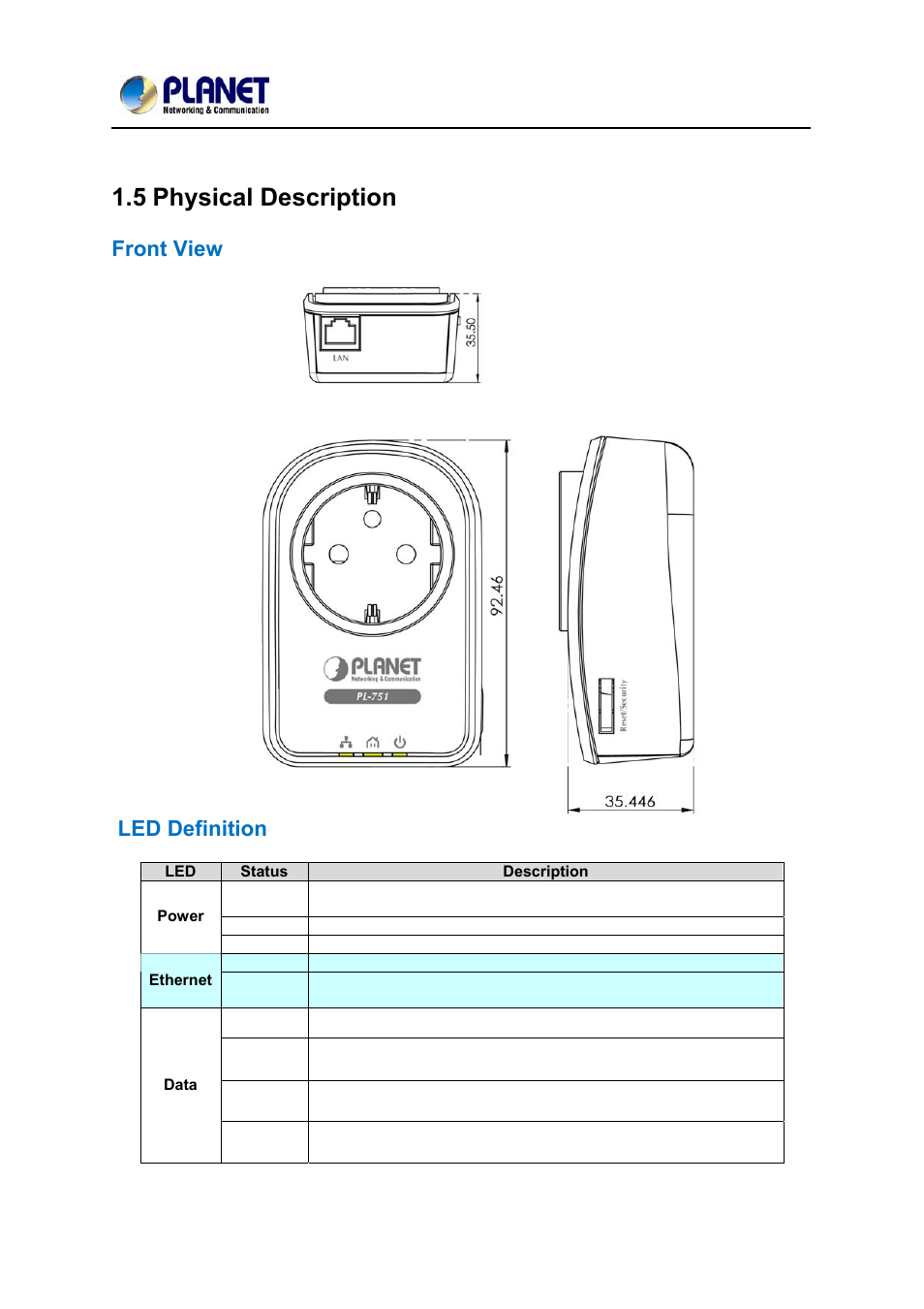 5 physical description, Hysical, Escription | Front view, Led definition | PLANET PL-751 User Manual | Page 11 / 28