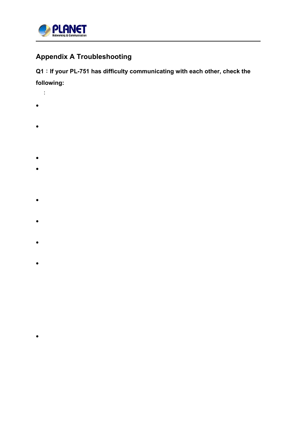 Appendix a troubleshooting | PLANET PL-751 User Manual | Page 28 / 28