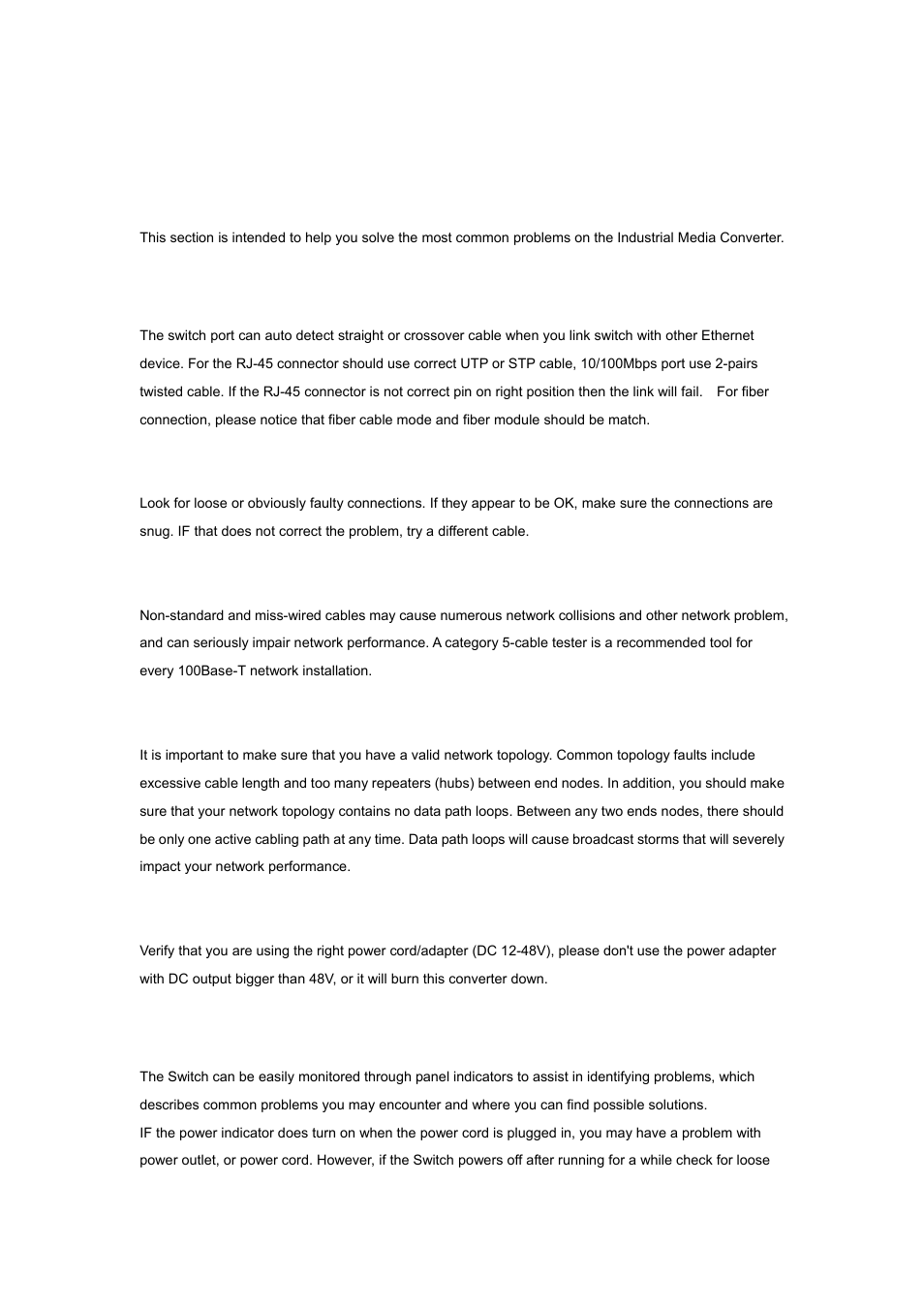 Troubleshooting, 1 incorrect connections, 1 faulty or loose cables | 2 non-standard cables, 3 improper network topologies, 4 incorrect power input, 2 diagnosing led indicators | PLANET IFT-802 User Manual | Page 16 / 18