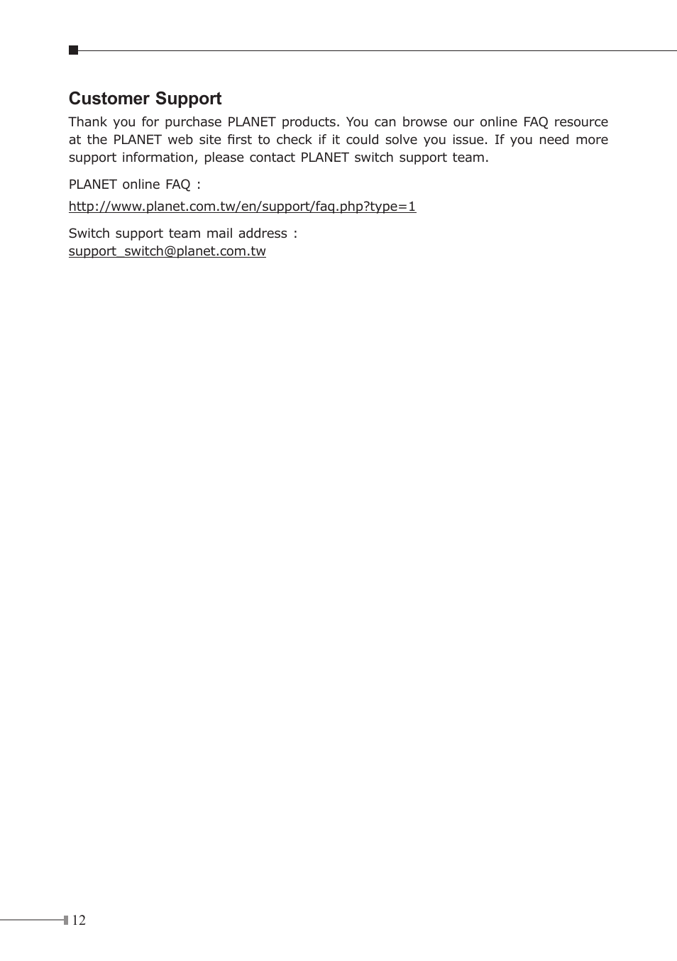 Customer support | PLANET ISW-1022M User Manual | Page 12 / 12