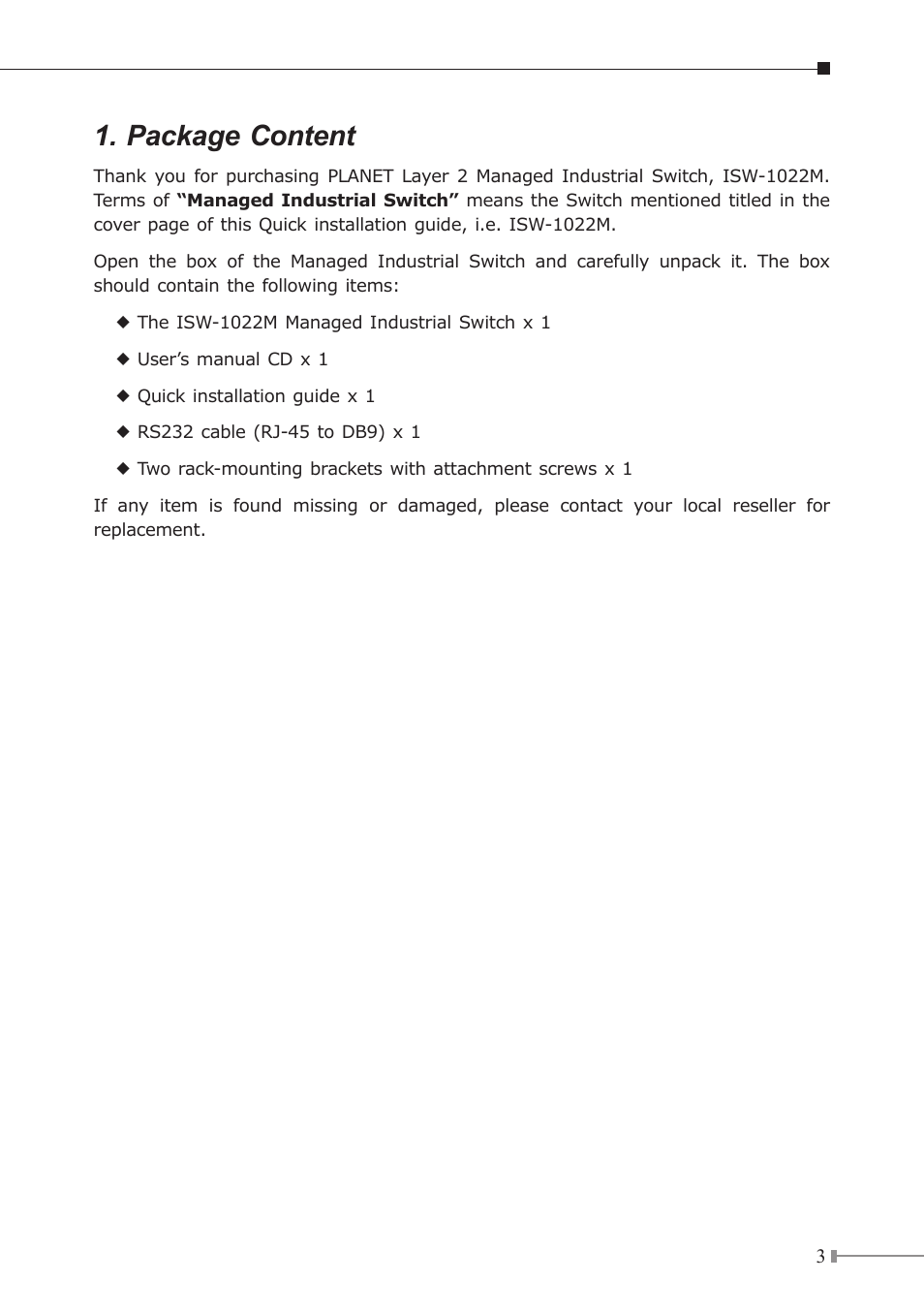 Package content | PLANET ISW-1022M User Manual | Page 3 / 12