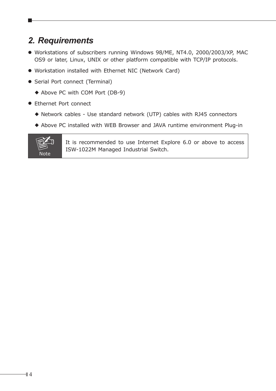 Requirements | PLANET ISW-1022M User Manual | Page 4 / 12