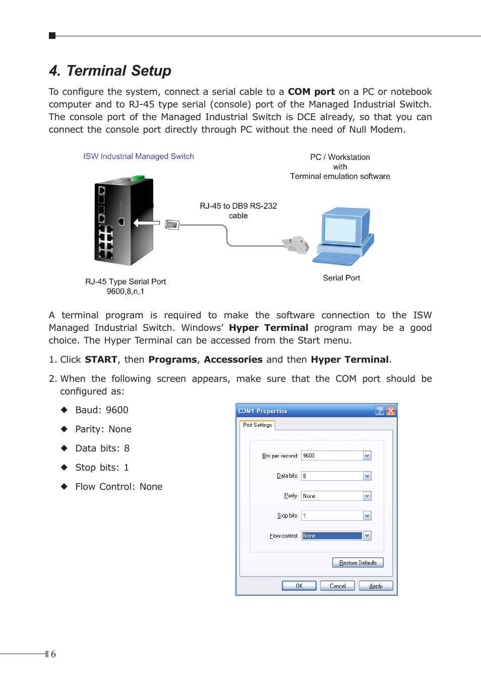 Terminal setup | PLANET ISW-1022M User Manual | Page 6 / 12