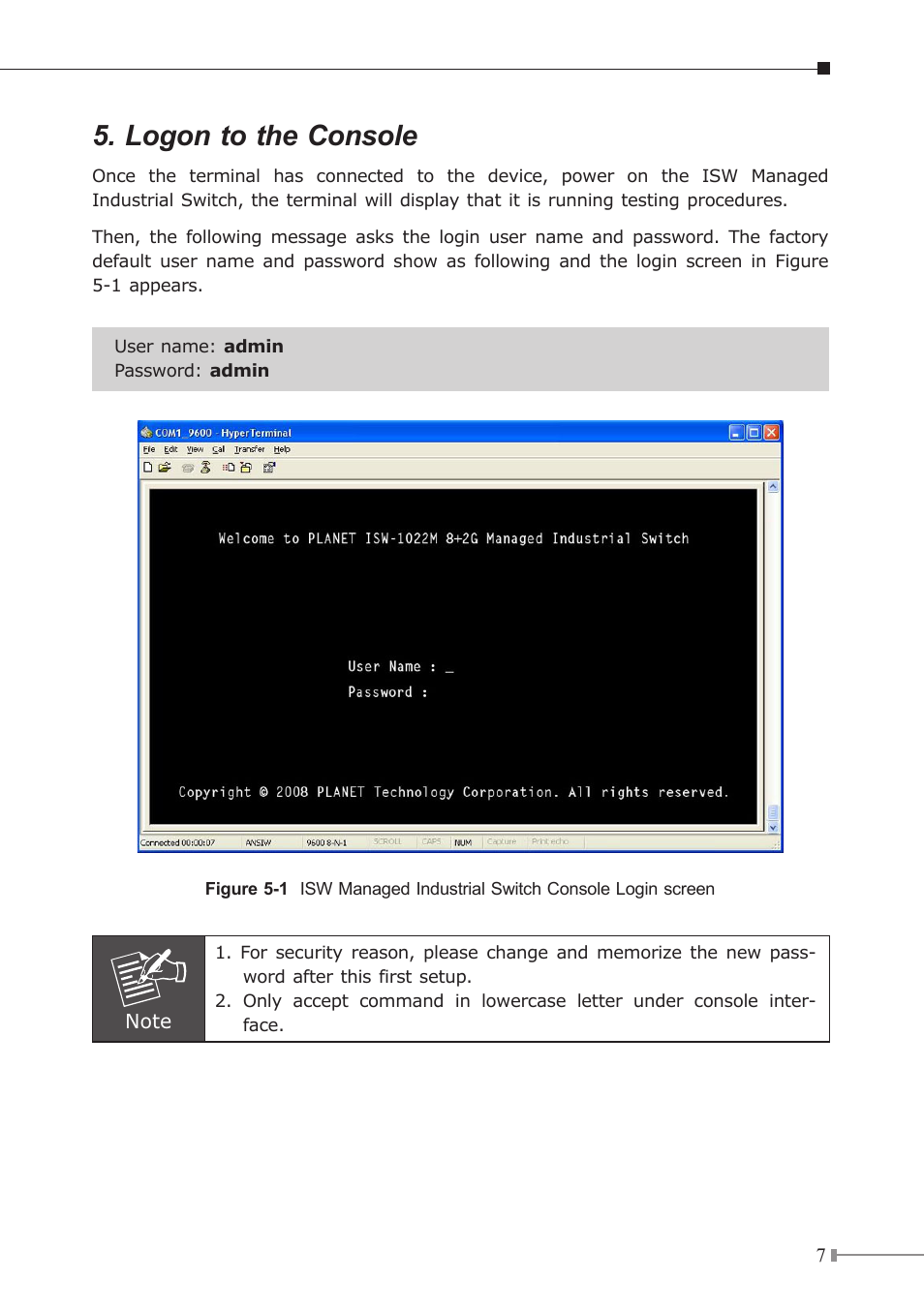 Logon to the console | PLANET ISW-1022M User Manual | Page 7 / 12