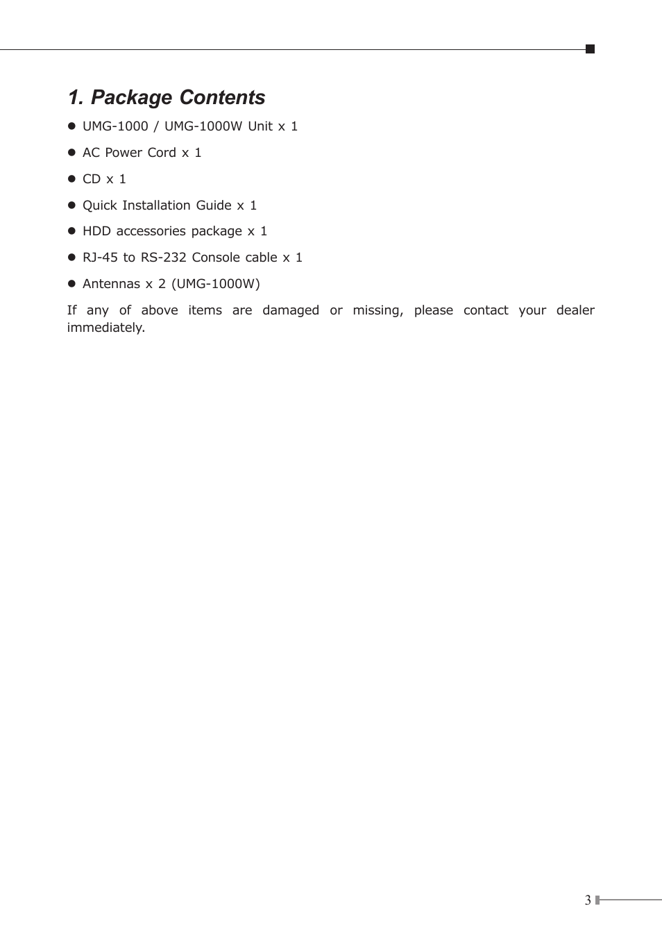 Package contents | PLANET UMG-1000 User Manual | Page 3 / 20