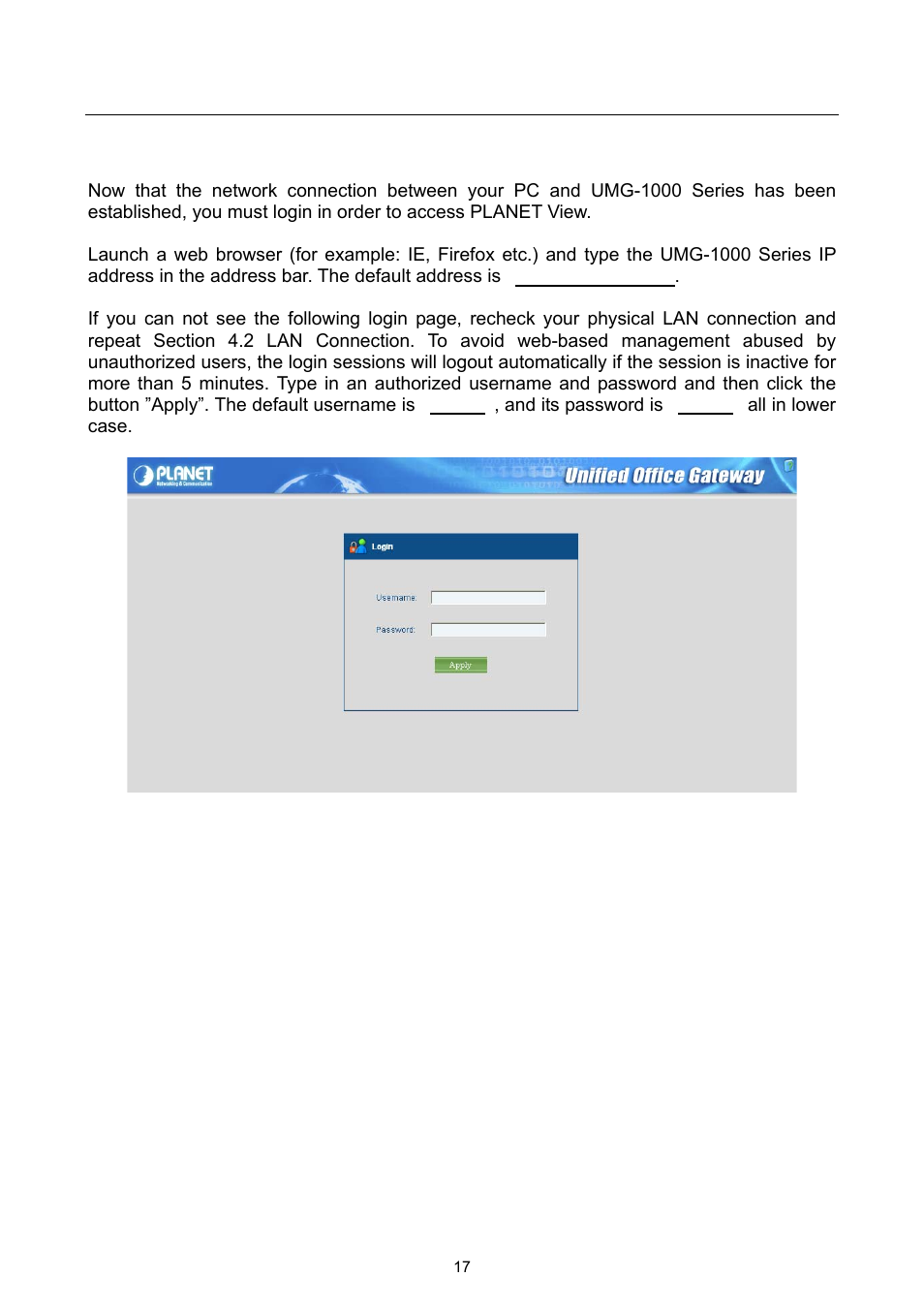 3 quick setup wizard, 1 first time login | PLANET UMG-1000 User Manual | Page 17 / 131