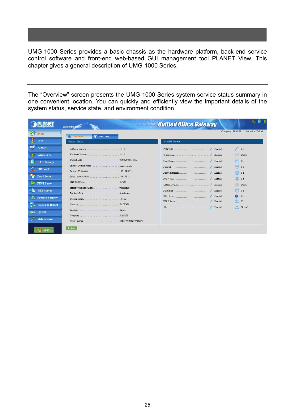 Web management - home, 1 overview | PLANET UMG-1000 User Manual | Page 25 / 131