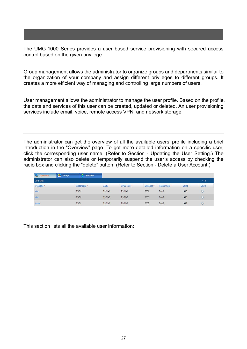 Web management - user, 1 user overview | PLANET UMG-1000 User Manual | Page 27 / 131