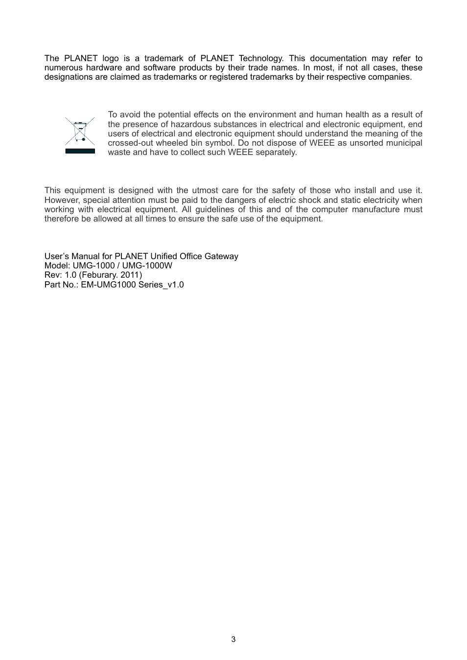 PLANET UMG-1000 User Manual | Page 3 / 131