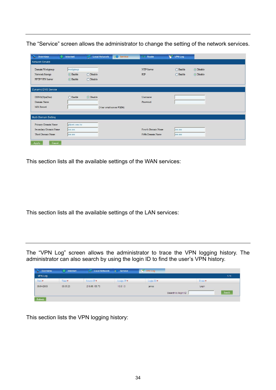 4 service, 5 the vpn log, 4 service 5.5 the vpn log | PLANET UMG-1000 User Manual | Page 34 / 131