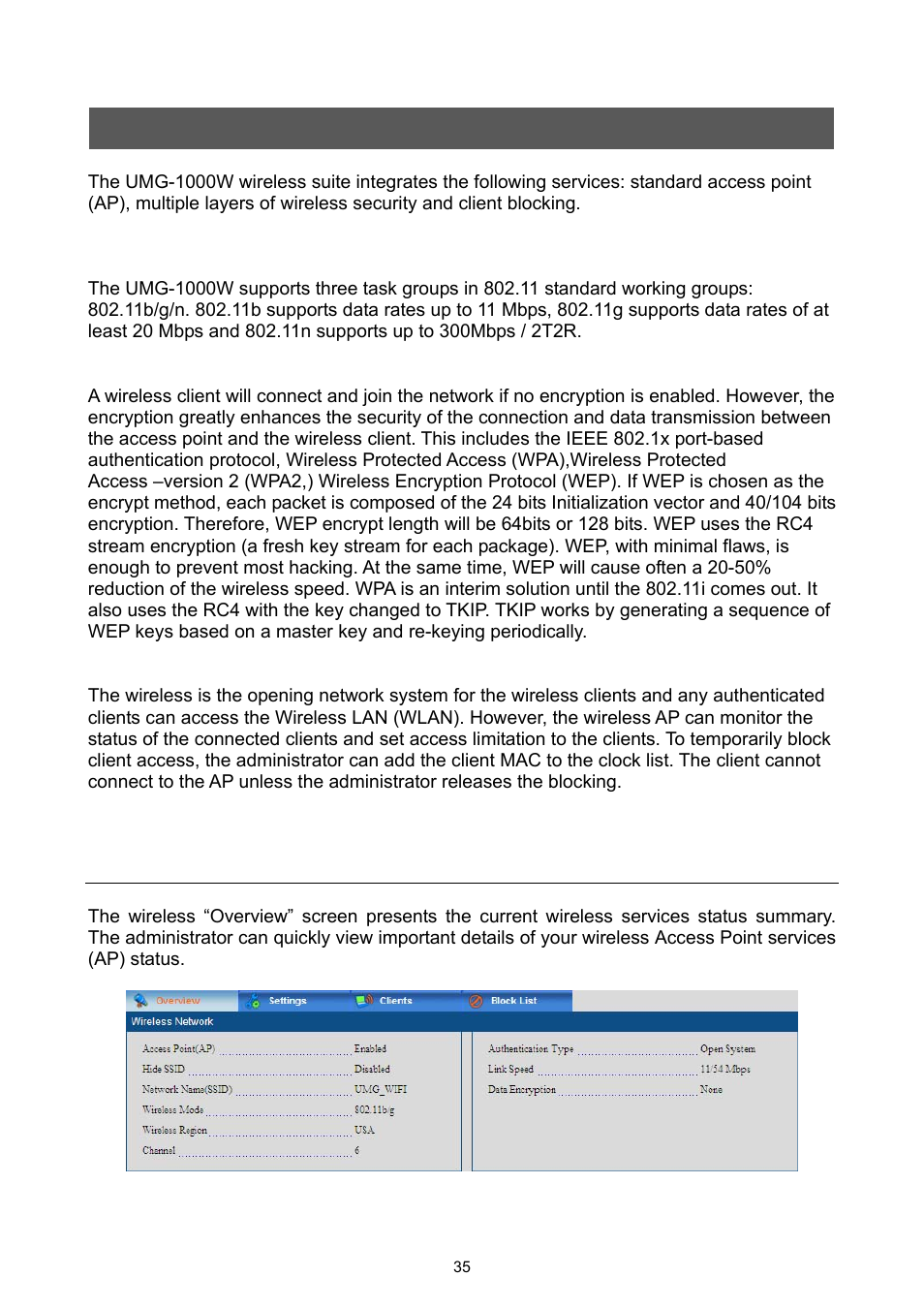 Web management – wireless (umg-1000w only), 1 overview, Web management - wireless | PLANET UMG-1000 User Manual | Page 35 / 131