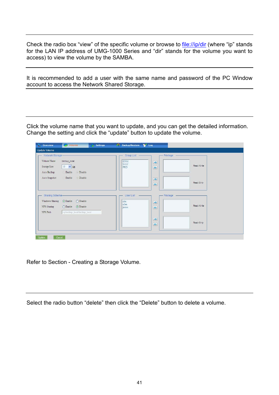 2 view a volume by smb, 3 updating a volume, 4 deleting a volume | PLANET UMG-1000 User Manual | Page 41 / 131