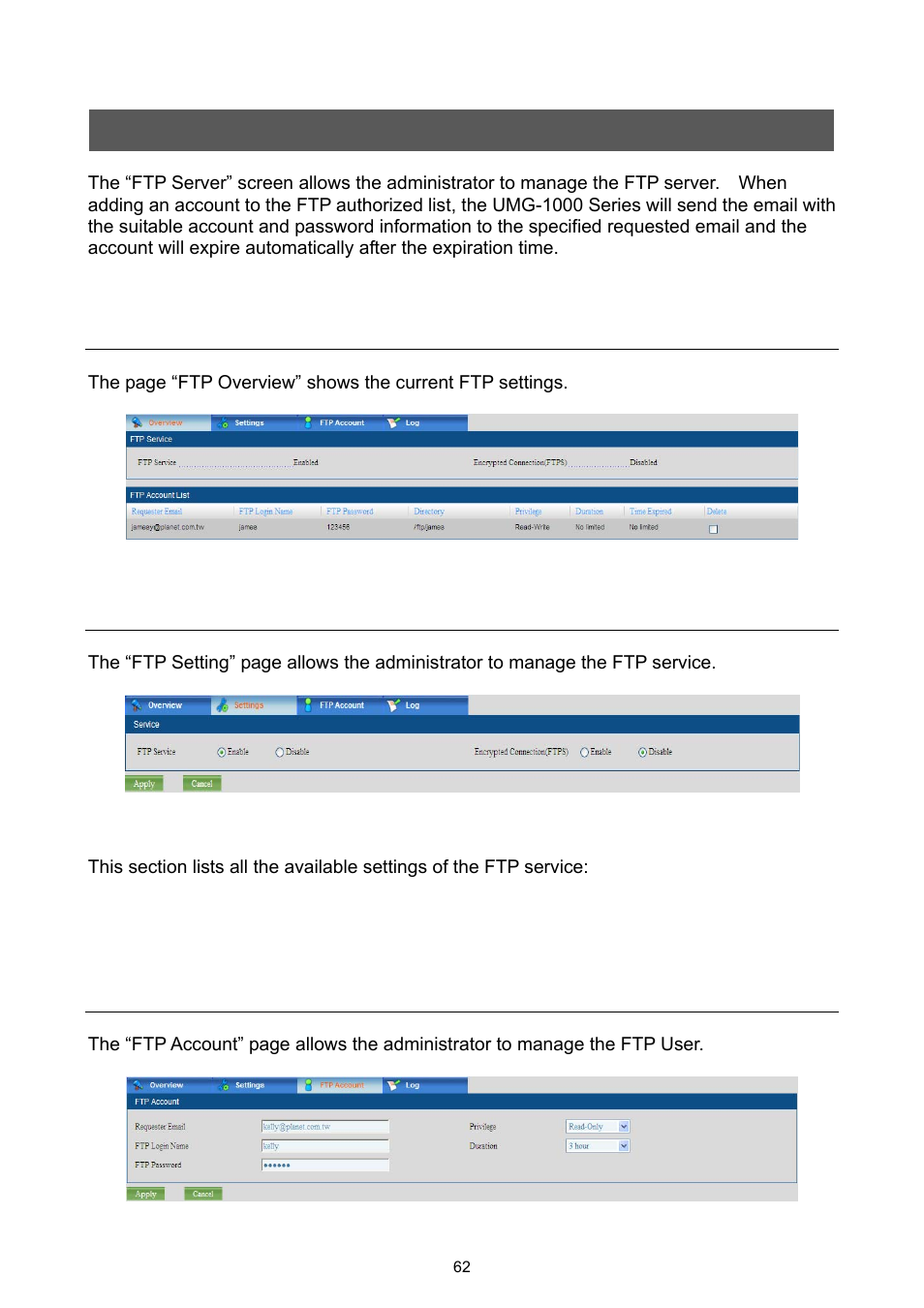 Web management - ftp, 1 ftp overview, 2 ftp setting | 3 ftp account, 1 ftp overview 10.2 ftp setting 10.3 ftp account | PLANET UMG-1000 User Manual | Page 62 / 131
