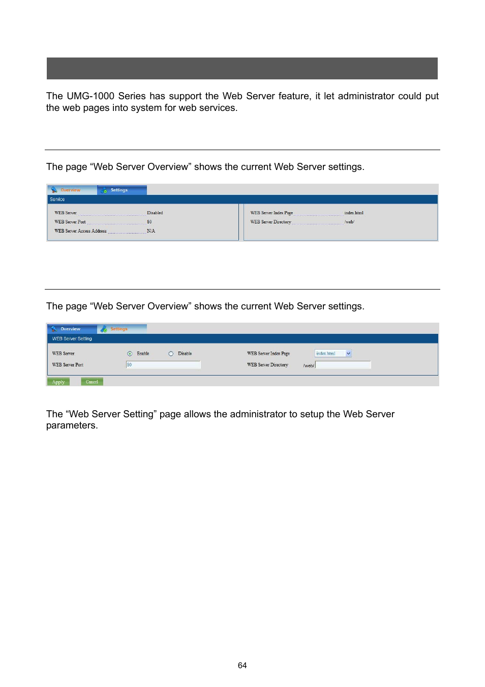 Web server, 1 web server overview, 2 web server settings | 1 web server overview 11.2 web server settings | PLANET UMG-1000 User Manual | Page 64 / 131