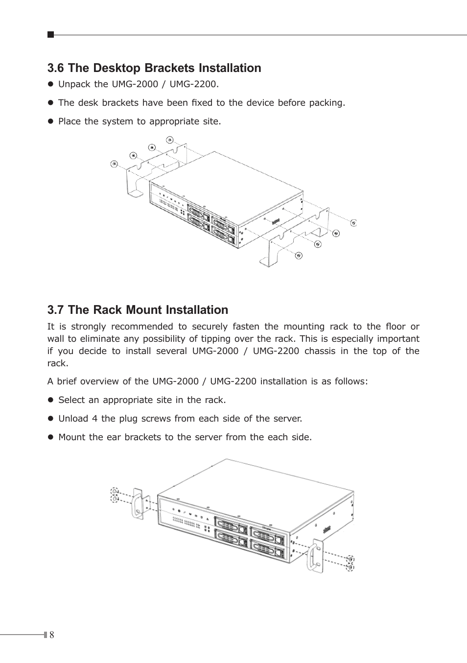 6 the desktop brackets installation, 7 the rack mount installation | PLANET UMG-2000 User Manual | Page 8 / 20