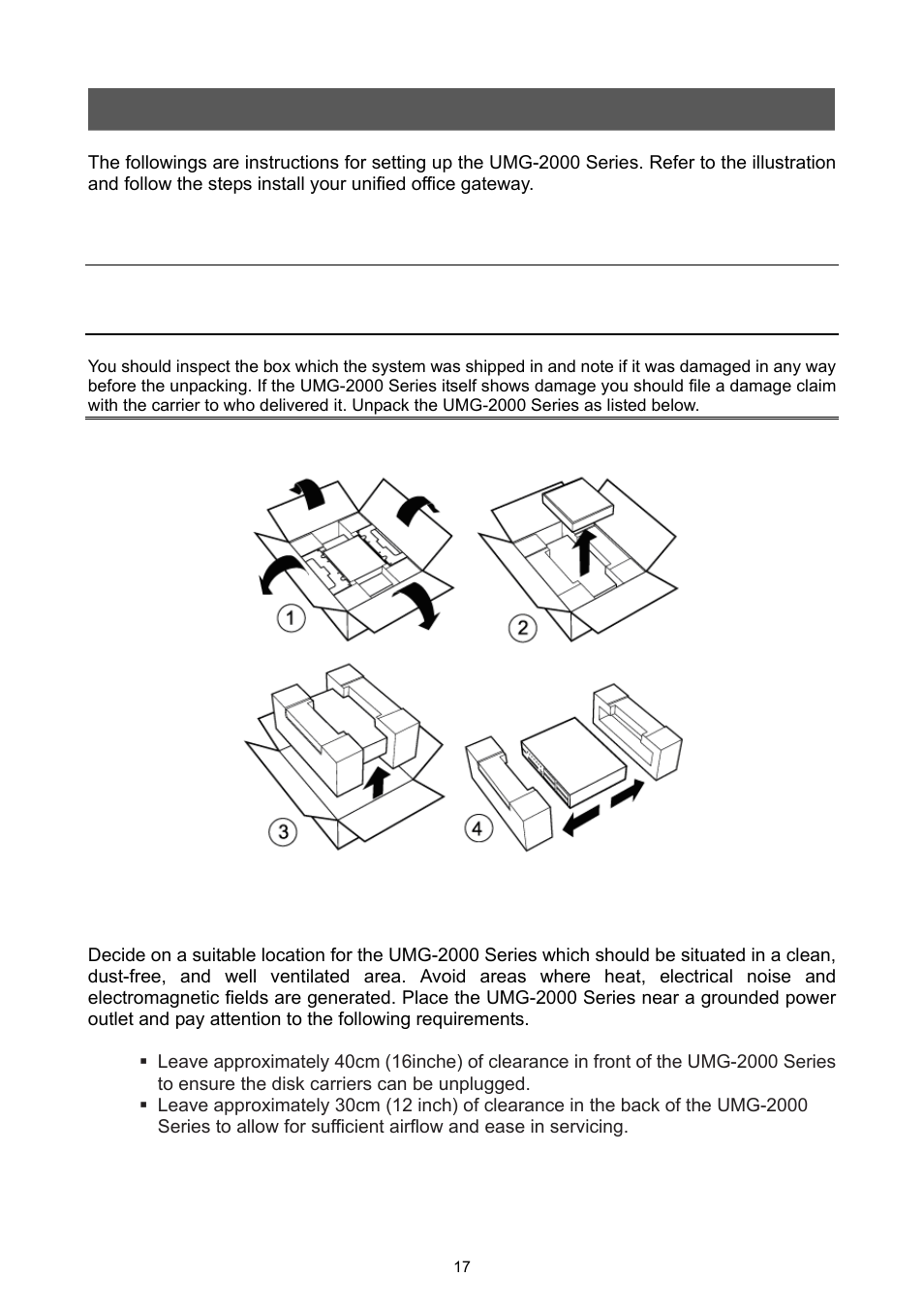 Installation, 1 hardware installaion, 1 unpack the umg-2000 series | 2 choosing a setup location | PLANET UMG-2000 User Manual | Page 17 / 145