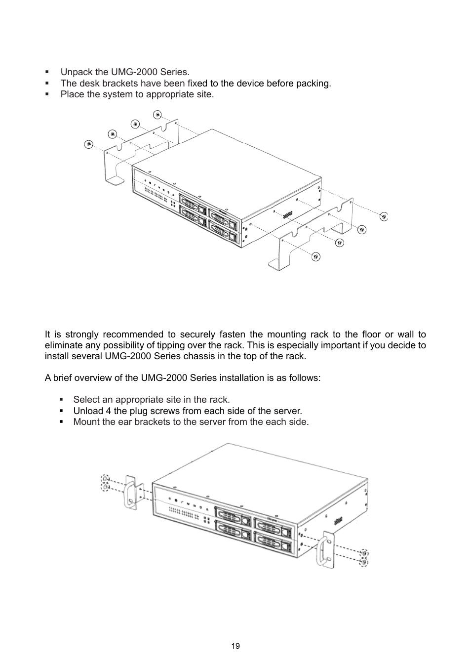 6 the desktop brackets installation, 7 the rack mount installation | PLANET UMG-2000 User Manual | Page 19 / 145