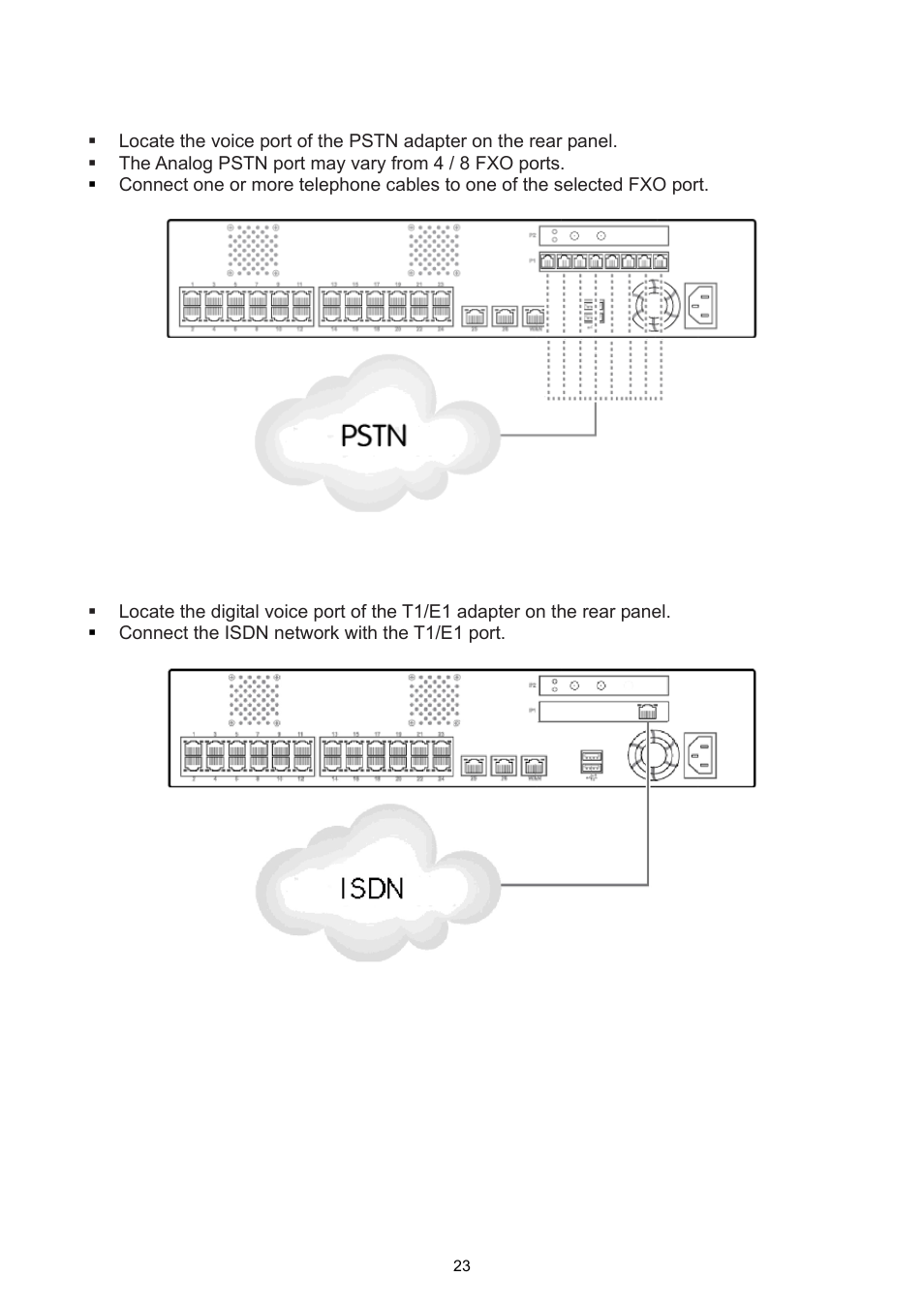 3 pstn fxo port connection, 4 isdn t1/e1 port connection | PLANET UMG-2000 User Manual | Page 23 / 145