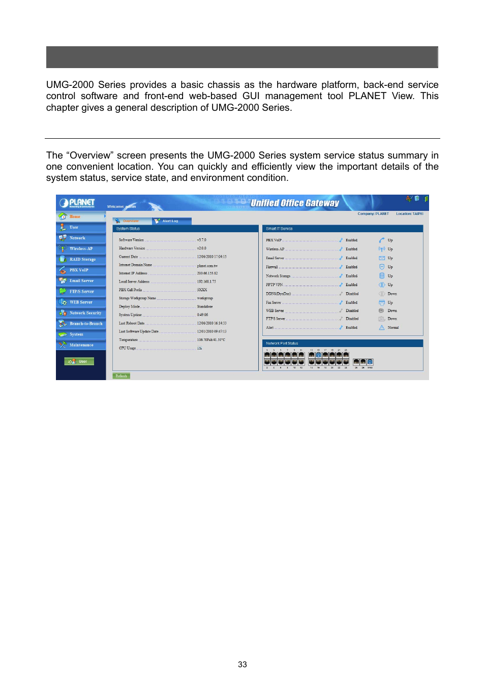 Web management - home, 1 overview | PLANET UMG-2000 User Manual | Page 33 / 145