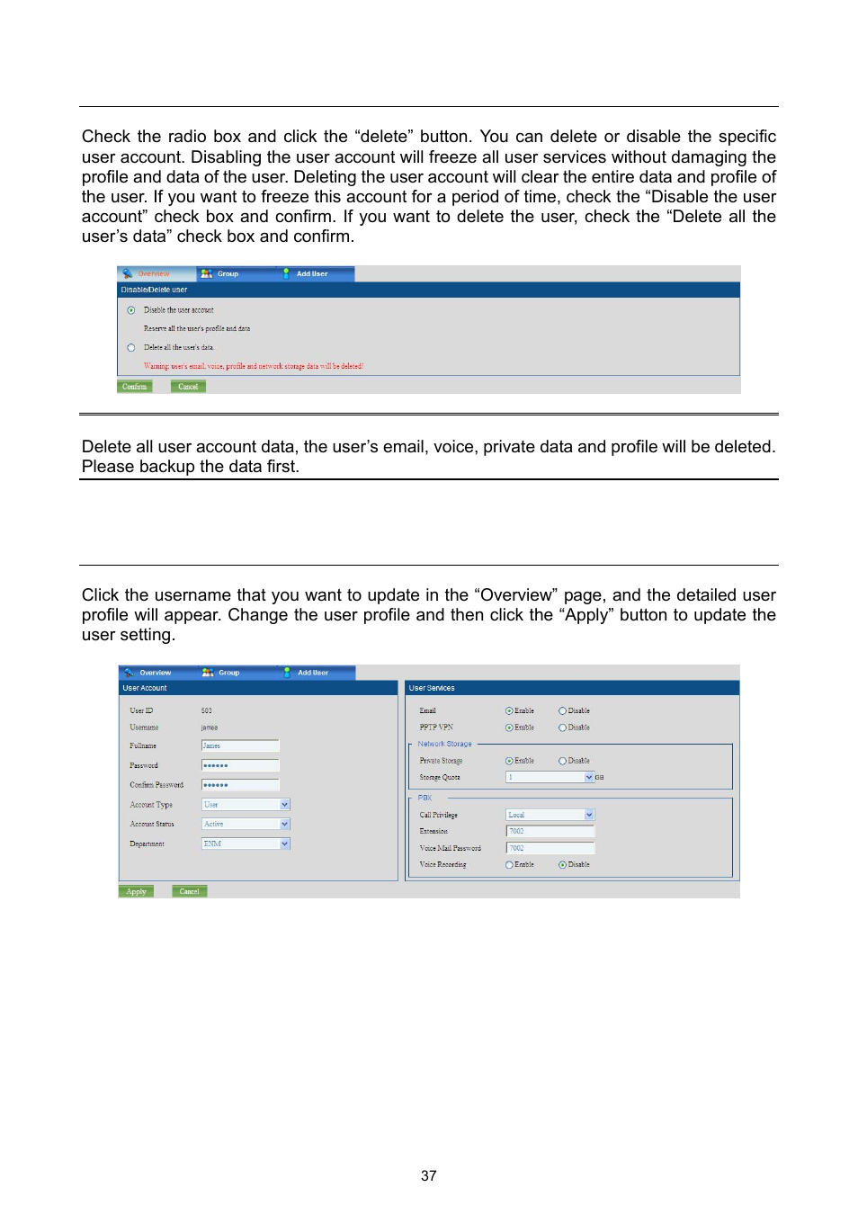 2 deleting a user account, 3 updating the user setting | PLANET UMG-2000 User Manual | Page 37 / 145