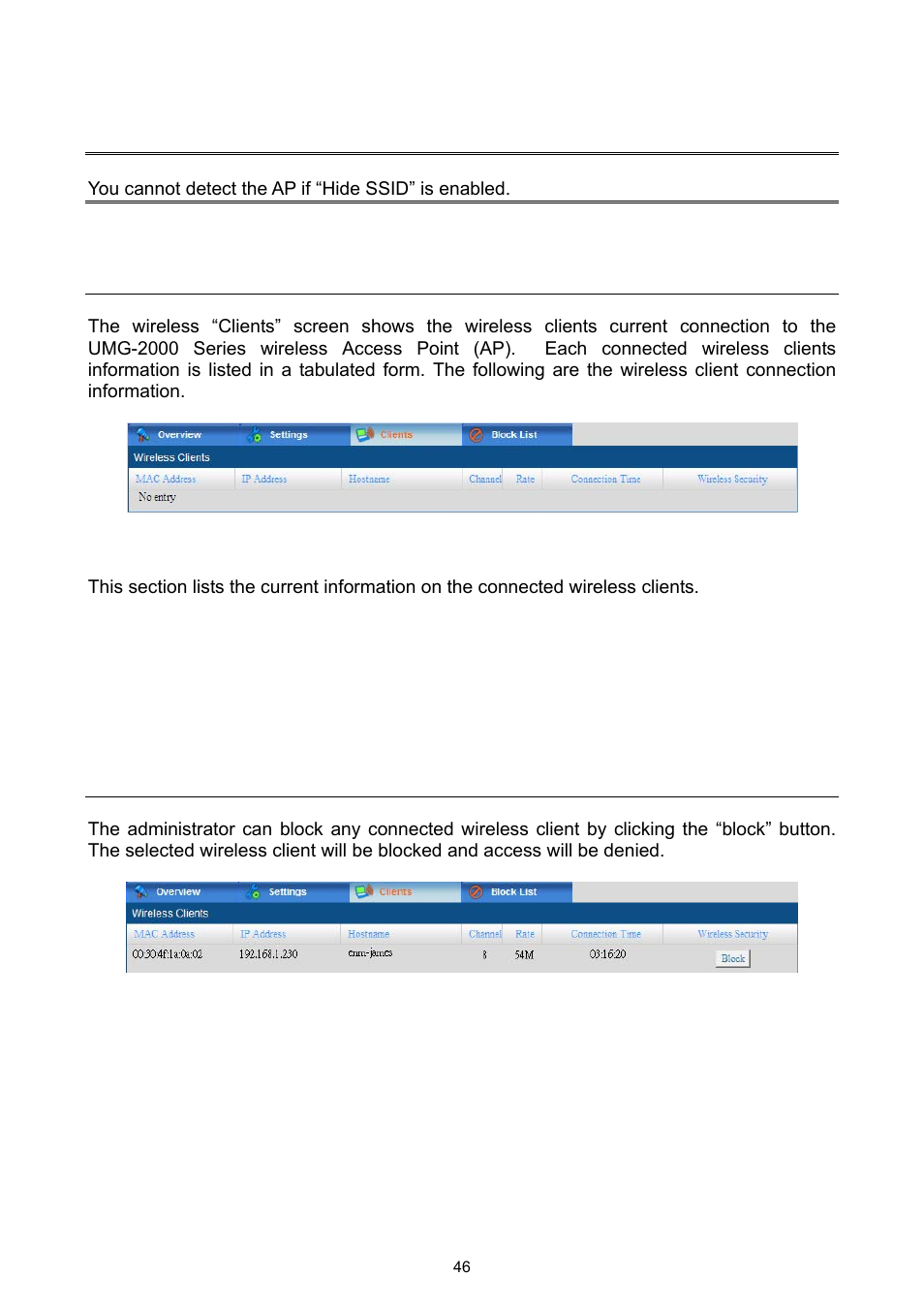 3 wireless clients, 4 blocking the connected wireless client | PLANET UMG-2000 User Manual | Page 46 / 145