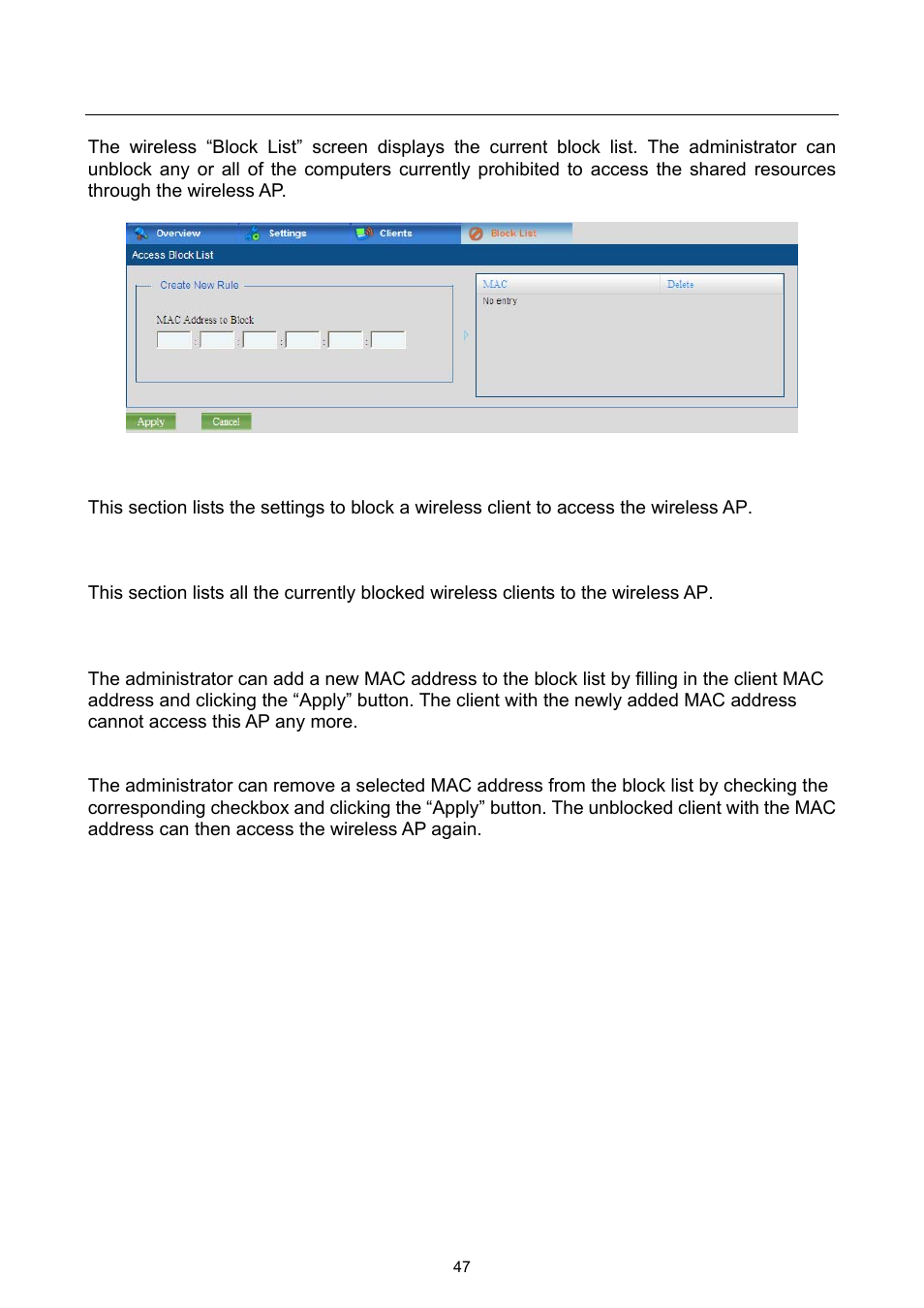 5 wireless mac block list | PLANET UMG-2000 User Manual | Page 47 / 145