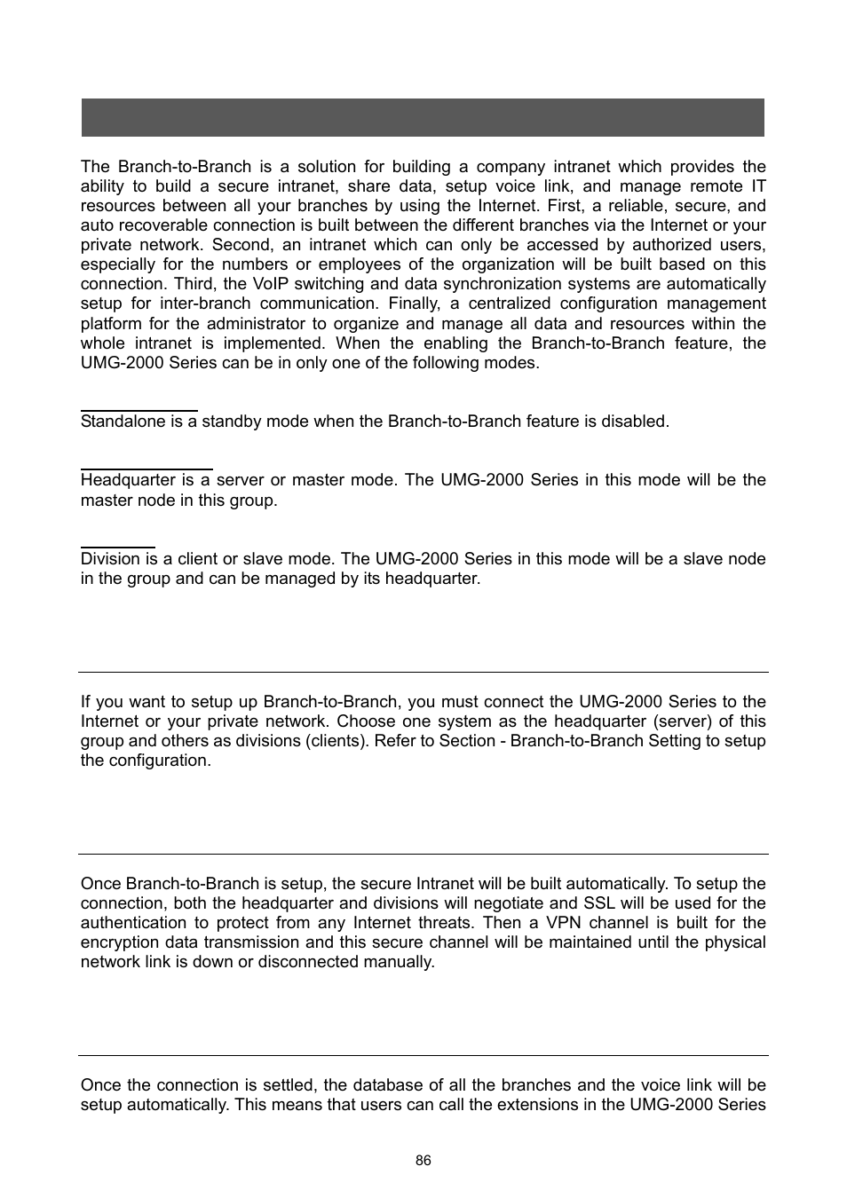 Web management - branch-to-branch, 1 branch-to-branch setup, 2 secruity channel | 3 remote calls | PLANET UMG-2000 User Manual | Page 86 / 145