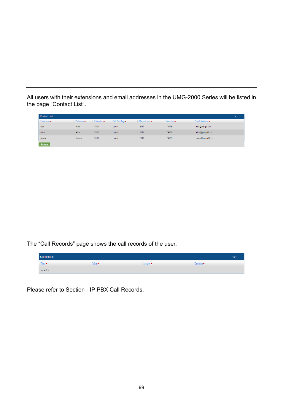 5 contract list, 6 personal call records, 5 contract list 16.6 personal call records | PLANET UMG-2000 User Manual | Page 99 / 145