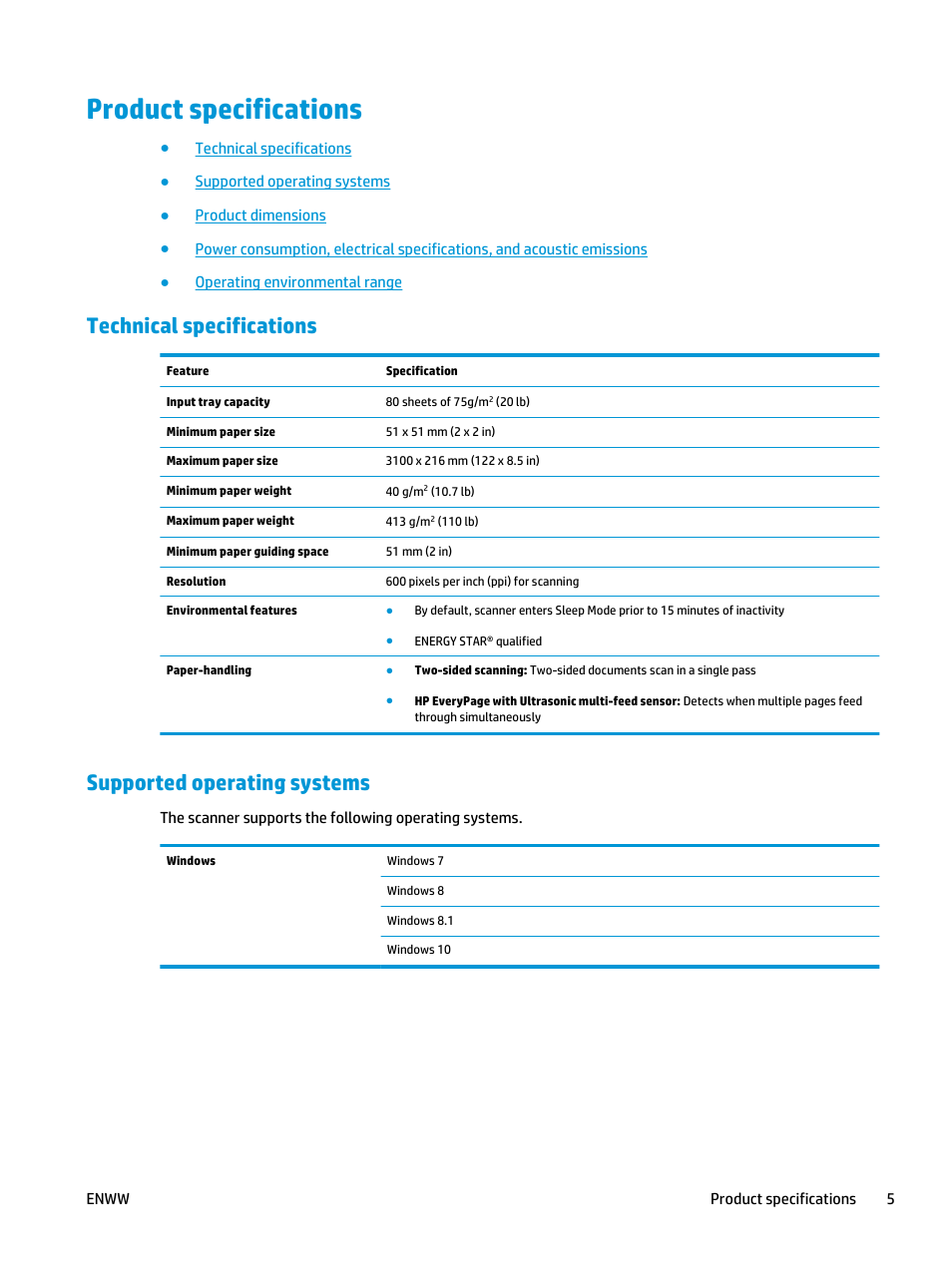 Product specifications, Technical specifications, Supported operating systems | HP ScanJet Enterprise Flow 5000 s4 User Manual | Page 13 / 72