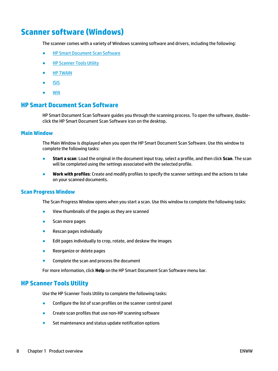 Scanner software (windows), Hp smart document scan software, Main window | Scan progress window, Hp scanner tools utility, Main window scan progress window | HP ScanJet Enterprise Flow 5000 s4 User Manual | Page 16 / 72