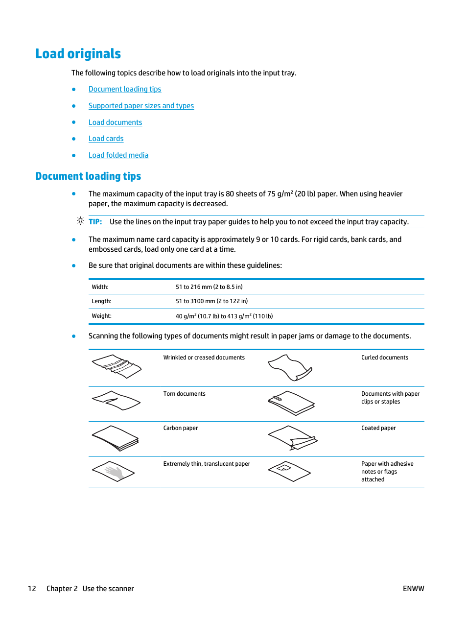 Load originals, Document loading tips | HP ScanJet Enterprise Flow 5000 s4 User Manual | Page 20 / 72