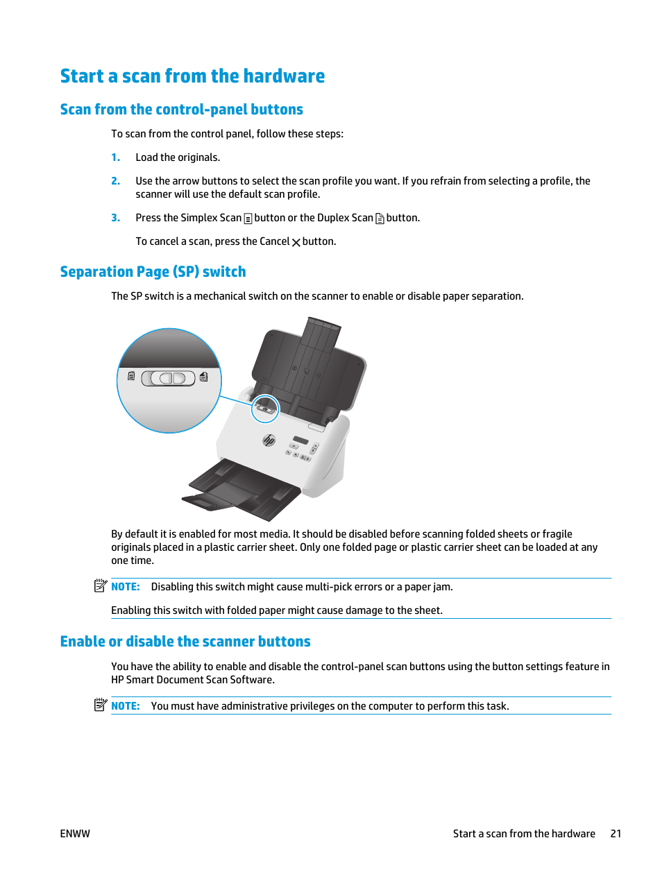 Start a scan from the hardware, Scan from the control-panel buttons, Enable or disable the scanner buttons | Separation page (sp) switch | HP ScanJet Enterprise Flow 5000 s4 User Manual | Page 29 / 72