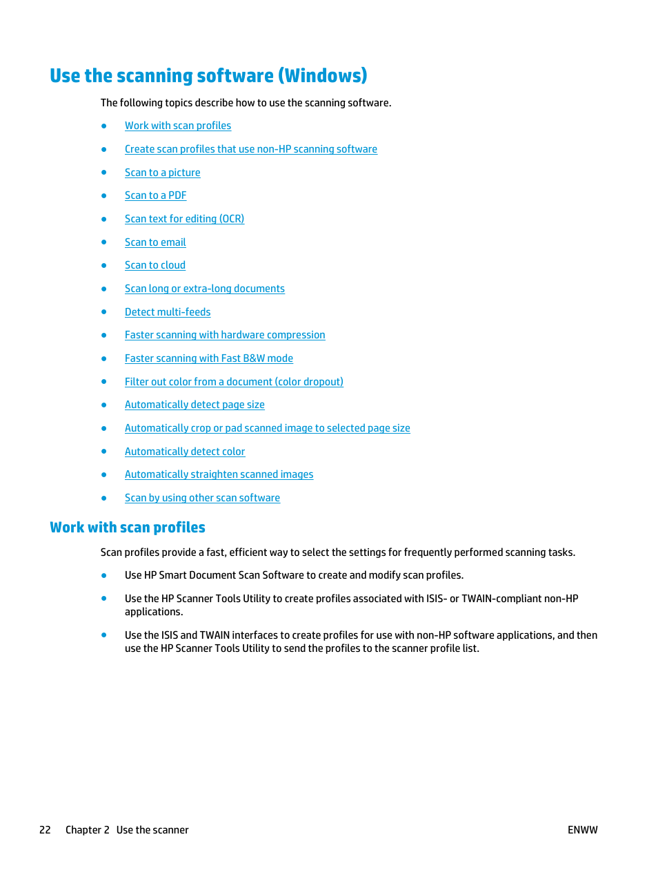 Use the scanning software (windows), Work with scan profiles | HP ScanJet Enterprise Flow 5000 s4 User Manual | Page 30 / 72