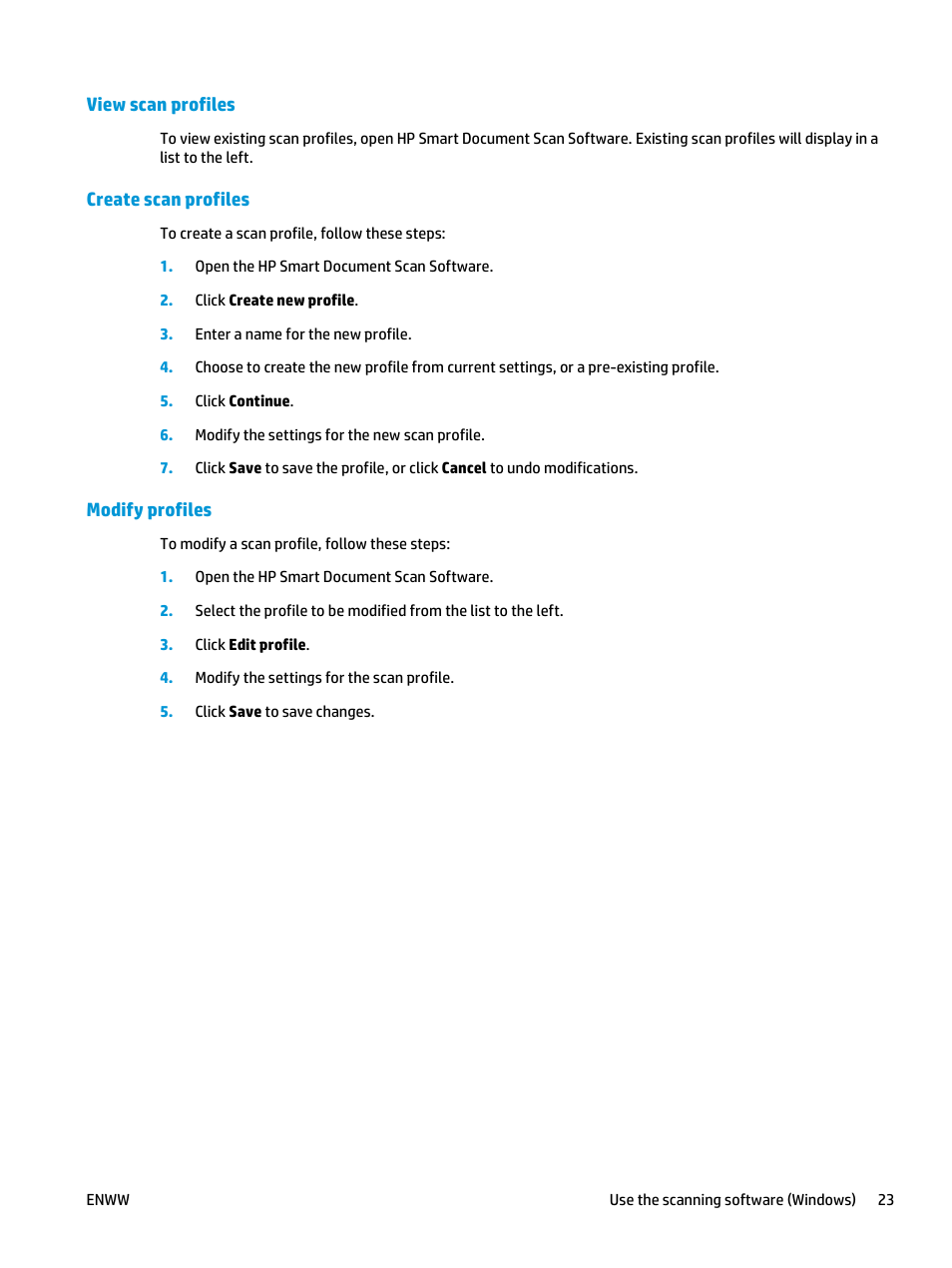 View scan profiles, Create scan profiles, Modify profiles | HP ScanJet Enterprise Flow 5000 s4 User Manual | Page 31 / 72