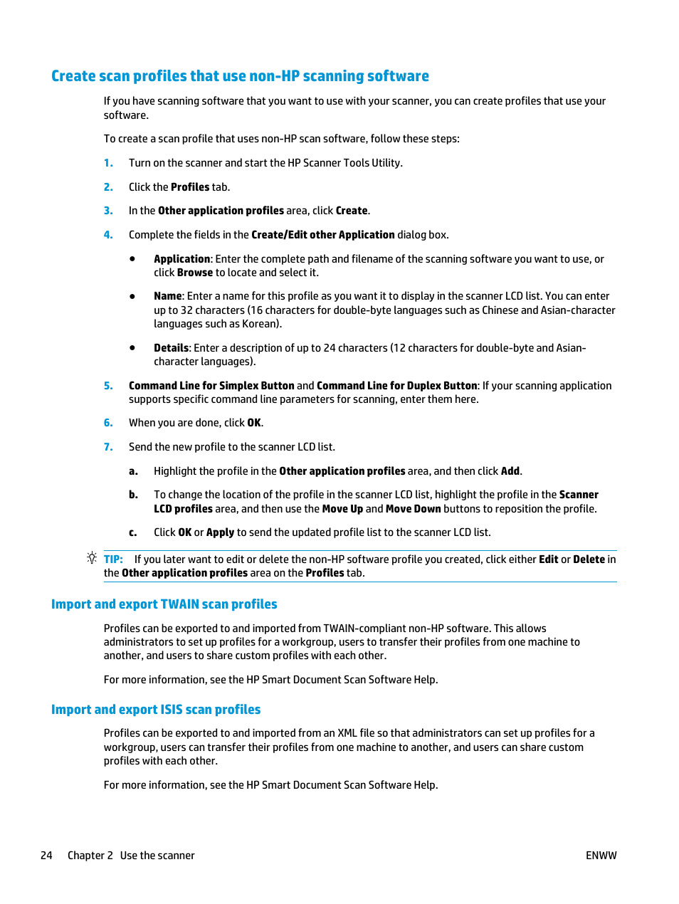 Import and export twain scan profiles, Import and export isis scan profiles | HP ScanJet Enterprise Flow 5000 s4 User Manual | Page 32 / 72