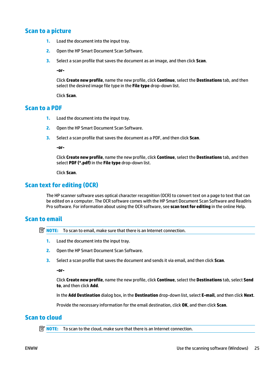 Scan to a picture, Scan to a pdf, Scan text for editing (ocr) | Scan to email, Scan to cloud | HP ScanJet Enterprise Flow 5000 s4 User Manual | Page 33 / 72