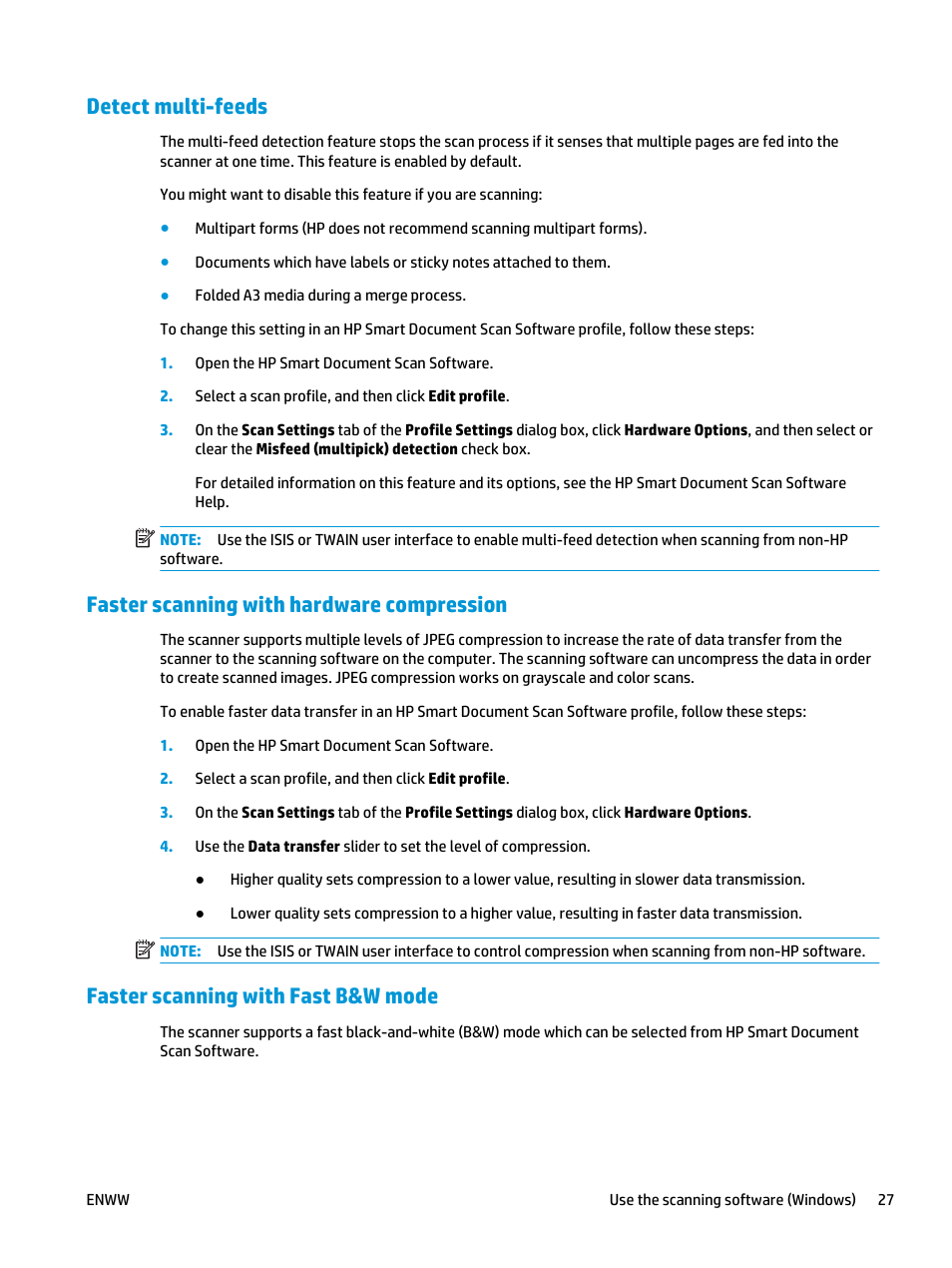 Detect multi-feeds, Faster scanning with hardware compression, Faster scanning with fast b&w mode | HP ScanJet Enterprise Flow 5000 s4 User Manual | Page 35 / 72