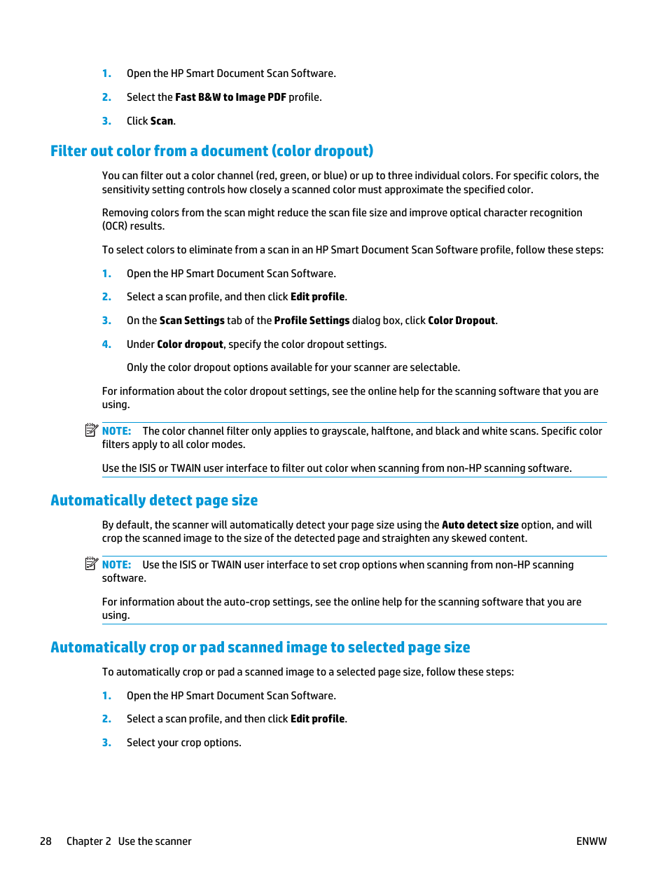 Filter out color from a document (color dropout), Automatically detect page size | HP ScanJet Enterprise Flow 5000 s4 User Manual | Page 36 / 72